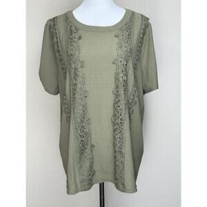 Perch By Blu Pepper Green Floral Embroidered & Lace Blouse Short Sleeve Plus 2XL